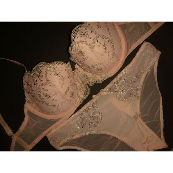 Victoria's Secret Other - Victoria's secret 32D,34D BRA SET panty embroidered PINK gold peach DREAM ANGELS